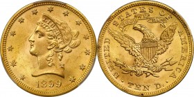 Condition Rarity 1899 Eagle

1899 Liberty Head Eagle. MS-66+ (PCGS).

Luxurious rose-orange surfaces are enhanced by full mint luster in a bold fr...