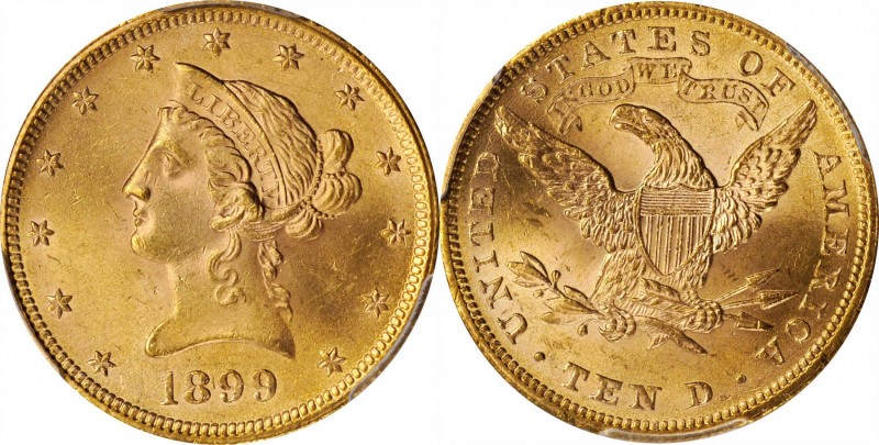 1899 Liberty Head Eagle. MS-64 (PCGS). CAC.

A lustrous, frosty, rose-gold exa...