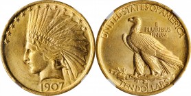 1907 Indian Eagle. No Periods. MS-64 (NGC).

Bright medium gold patina and satin to softly frosted luster greet the viewer from both sides of this a...