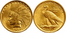 1907 Indian Eagle. No Periods. MS-62 (PCGS).

Satiny surfaces with orange-gold iridescence.

PCGS# 8852. NGC ID: 28GF.

From the Francesca Colle...