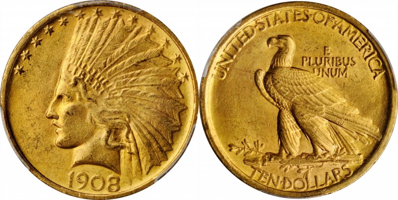 1908 Indian Eagle. No Motto. MS-64+ (PCGS).

An uncommonly well preserved exam...