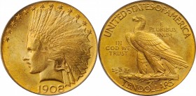 1908 Indian Eagle. Motto. MS-63 (PCGS).

Blended honey-rose and medium orange-gold patina blankets both sides of this sharply struck, frosty texture...