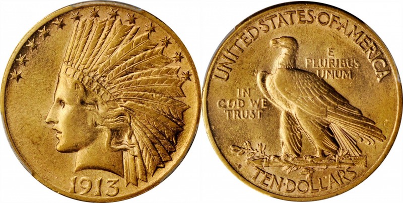 1913-S Indian Eagle. AU-55 (PCGS).

Vivid golden-rose patina adorns both sides...