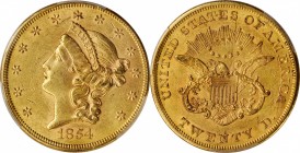 1854 Liberty Head Double Eagle. Small Date. MS-61 (PCGS).

Deep honey patina blends with billowy satin luster on both sides of this boldly to sharpl...