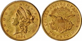 1854 Liberty Head Double Eagle. Small Date. AU-58+ (PCGS).

Blended pinkish-rose highlights enhance otherwise honey-gold surfaces on both sides of t...