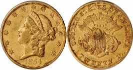 1854 Liberty Head Double Eagle. Large Date. AU Details--Cleaned (PCGS).

This rather handsome example is evenly patinated in warm khaki gold with a ...