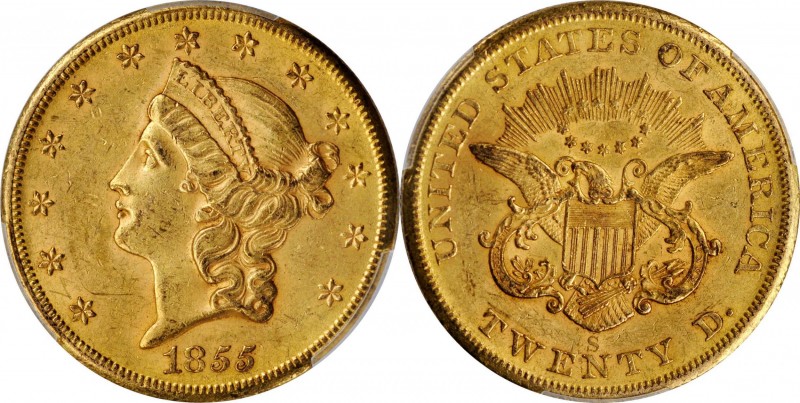 1855-S Liberty Head Double Eagle. MS-61 (PCGS).

Vibrant gold surfaces are sha...
