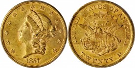 A Remarkable Second MS-62 1857 $20

1857 Liberty Head Double Eagle. MS-62 (PCGS).

Crisply impressed with beautiful rose-orange luster, this lustr...