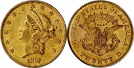 1857 Liberty Head Double Eagle. MS-61 (PCGS).

A lovely example with subtle pale rose highlights to dominant honey-gold patina. Sharply, if not full...