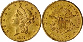 1857 Liberty Head Double Eagle. MS-60 (PCGS).

This is a thoroughly PQ example at the assigned grade level, the devices sharply defined with nearly ...