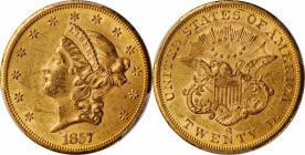 1857-S Liberty Head Double Eagle. AU-58 (PCGS).

This is a lovely near-Mint survivor with original rose-orange patina. Lustrous with a satin to soft...