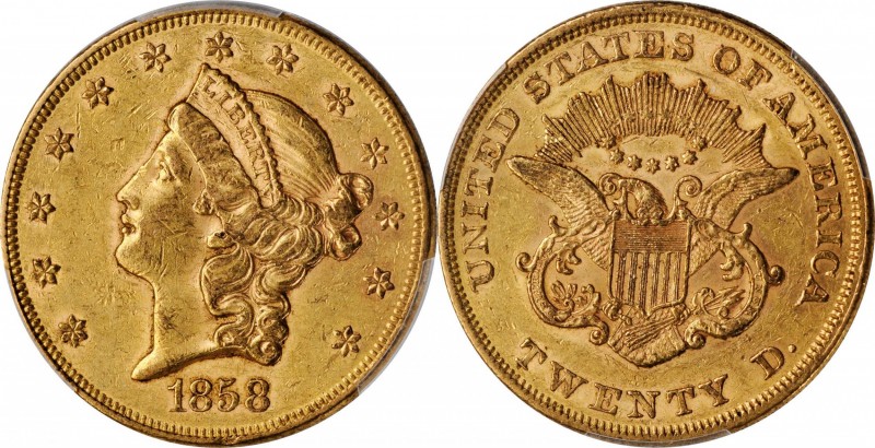 1858 Liberty Head Double Eagle. AU-58 (PCGS). CAC.

Tinges of iridescent pink ...