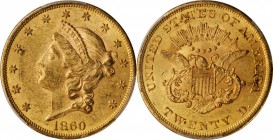 1860 Liberty Head Double Eagle. MS-60 (PCGS).

Lovely honey-gold surfaces are sharply defined overall with nearly complete mint luster in a billowy,...