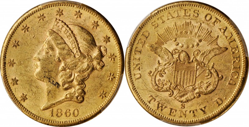 1860-S Liberty Head Double Eagle. AU-58 (PCGS).

Handsome honey-orange surface...