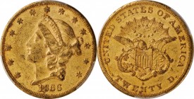 A Remarkable Second EF 1866-S No Motto $20

1866-S Liberty Head Double Eagle. No Motto. EF-40 (PCGS).

This handsome example features warm honey-g...