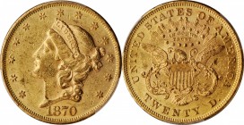 1870 Liberty Head Double Eagle. AU-58 (PCGS).

An original and attractive example of this scarce Type II issue. Pinkish highlights glow from the pro...