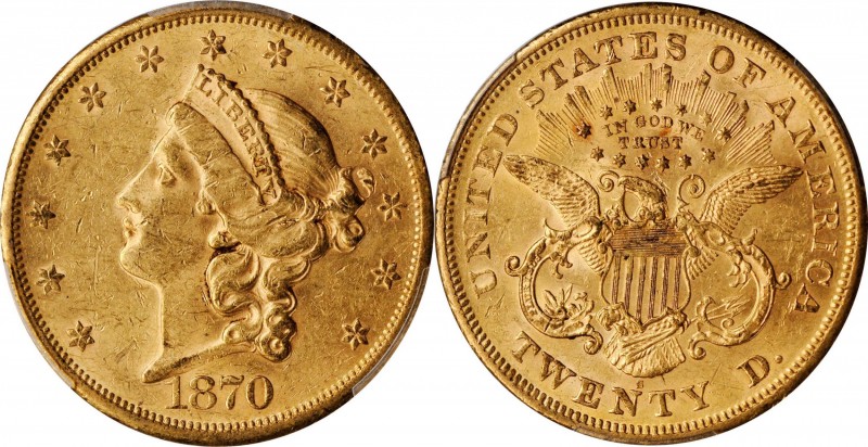 1870-S Liberty Head Double Eagle. AU-58 (PCGS). CAC.

Lustrous Choice AU quali...