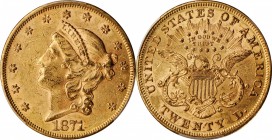 1871 Liberty Head Double Eagle. AU-58 (PCGS).

Vivid rose-gold patina with warm honey-olive undertones evident as the surfaces rotate under a light....