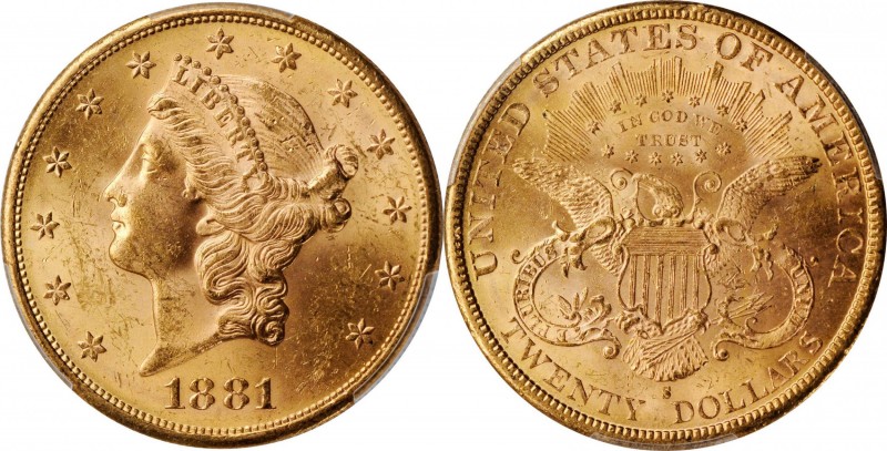 1881-S Liberty Head Double Eagle. MS-62+ (PCGS).

Frosty to modestly semi-refl...