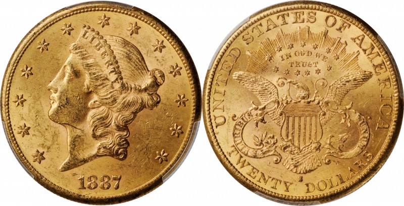 1887-S Liberty Head Double Eagle. MS-62 (PCGS).

Beautiful rose-gold surfaces ...