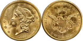 1857-S Liberty Head Double Eagle. Variety-20A. Spiked Shield. With One Pinch of California Gold Dust. MS-64 (PCGS).

Here is a remarkable Choice Min...