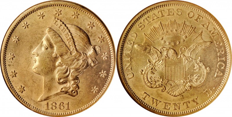 1861 Liberty Head Double Eagle. AU-58 (NGC).

This is a lovely near-Mint 1861 ...