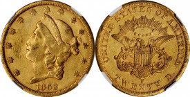 1863-S Liberty Head Double Eagle. EF-45 (NGC).

Blushes of flint gray and pale pink mingles with dominant honey-gold patina on both sides of this fa...