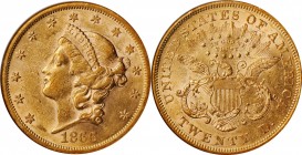 1866 Liberty Head Double Eagle. AU-55 (NGC).

Highly lustrous for the assigned grade, both sides also offer overall sharp striking detail and pretty...