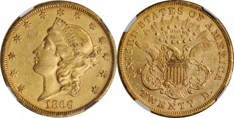 1866-S Liberty Head Double Eagle. Motto. AU-55 (NGC).

Blended khaki-gold and ...