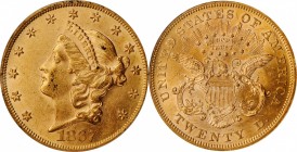 1867 Liberty Head Double Eagle. MS-61 (PCGS).

Frosty honey-orange surfaces also reveal tinges of pale pink iridescence as the coin rotates under a ...