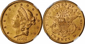 1867-S Liberty Head Double Eagle. AU-55 (NGC). CAC.

Richly original surfaces exhibit tinges of iridescent pinkish-rose to dominant honey-gold patin...