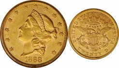 1868-S Liberty Head Double Eagle. AU-58 (NGC).

Dominant rose-orange patina with warmer pale olive undertones evident as the surfaces rotate under a...