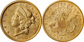 1869-S Liberty Head Double Eagle. AU-58 (NGC).

Pale rose-gold patina mingles with nearly complete mint luster, the strike soft around the peripheri...