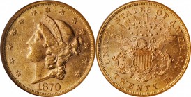 1870 Liberty Head Double Eagle. AU-58 (NGC).

Bright honey-rose surfaces retain ample evidence of a semi-prooflike finish, especially on the obverse...