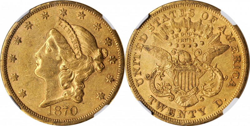 1870-S Liberty Head Double Eagle. AU-55 (NGC).

Honey-gold surfaces are boldly...