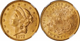 1872 Liberty Head Double Eagle. AU-58 (NGC).

Vivid honey-orange surfaces are sharply defined with nearly complete luster in a lively frosty texture...
