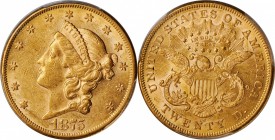 1875-CC Liberty Head Double Eagle. AU-58 (PCGS).

Lustrous, frosty surfaces are further adorned with vivid patina in a blend of orange and honey-gol...