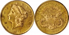 1877 Liberty Head Double Eagle. MS-60 PL (PCGS).

Direct lighting allows full appreciation of highly reflective fields on both sides of this predomi...