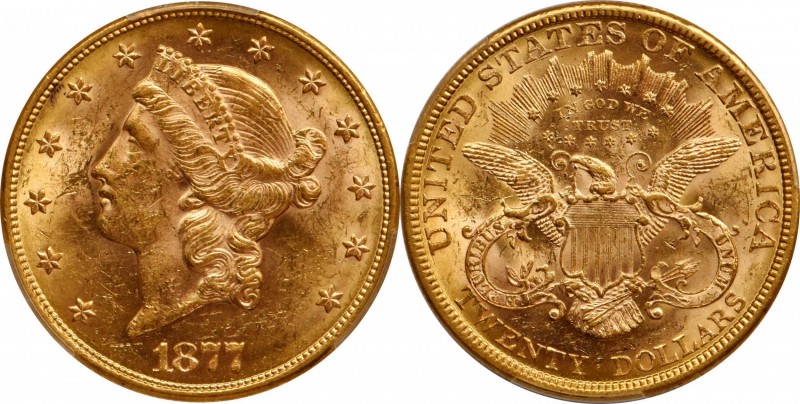 1877 Liberty Head Double Eagle. MS-60 (PCGS).

This boldly lustrous bright yel...