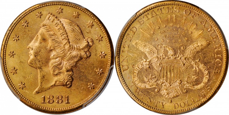 1881-S Liberty Head Double Eagle. MS-62 (PCGS).

Semi-prooflike in finish, esp...