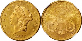 1882-CC Liberty Head Double Eagle. MS-61 (NGC).

Vivid orange and olive-gold patina is seen on both sides of this boldly to sharply defined example....