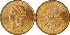 1882-S Liberty Head Double Eagle. MS-62 (PCGS).

Sharply struck with frosty luster that blends nicely with vivid rose-gold patina. The San Francisco...