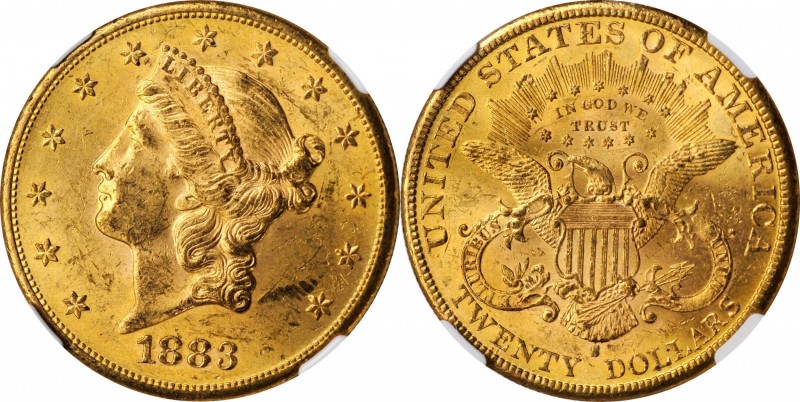 1883-S Liberty Head Double Eagle. MS-62 (NGC).

Frosty honey-apricot surfaces ...