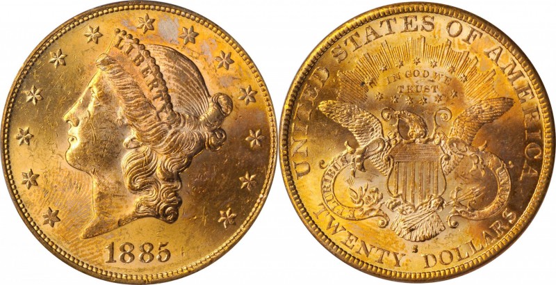 1885-S Liberty Head Double Eagle. MS-62 (PCGS).

Wisps of reddish-rose iridesc...
