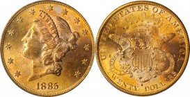 1885-S Liberty Head Double Eagle. MS-62 (PCGS).

Wisps of reddish-rose iridescence drift over otherwise golden-apricot surfaces on both sides of thi...
