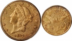 1892-CC Liberty Head Double Eagle. AU-53 (PCGS).

Handsome honey-orange surfaces exhibit tinges of iridescent reddish-rose here and there around the...