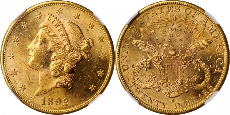 1892-S Liberty Head Double Eagle. MS-62 (NGC).

Intensely lustrous rose-gold s...