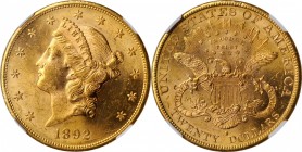 1892-S Liberty Head Double Eagle. MS-62 (NGC).

Intensely lustrous rose-gold surfaces also offer razor sharp striking detail from the rims to the ce...