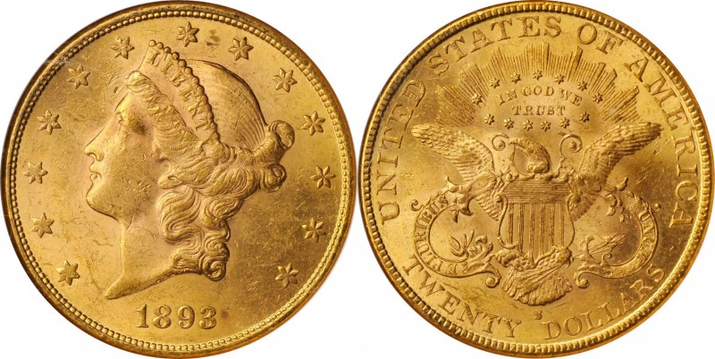 1893-S Liberty Head Double Eagle. MS-62 (NGC).

Pretty rose-gold surfaces are ...