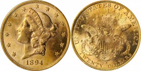1894-S Liberty Head Double Eagle. MS-62 (PCGS).

Lively mint frost and vivid medium gold patina greet the viewer from both sides of this flashy BU d...